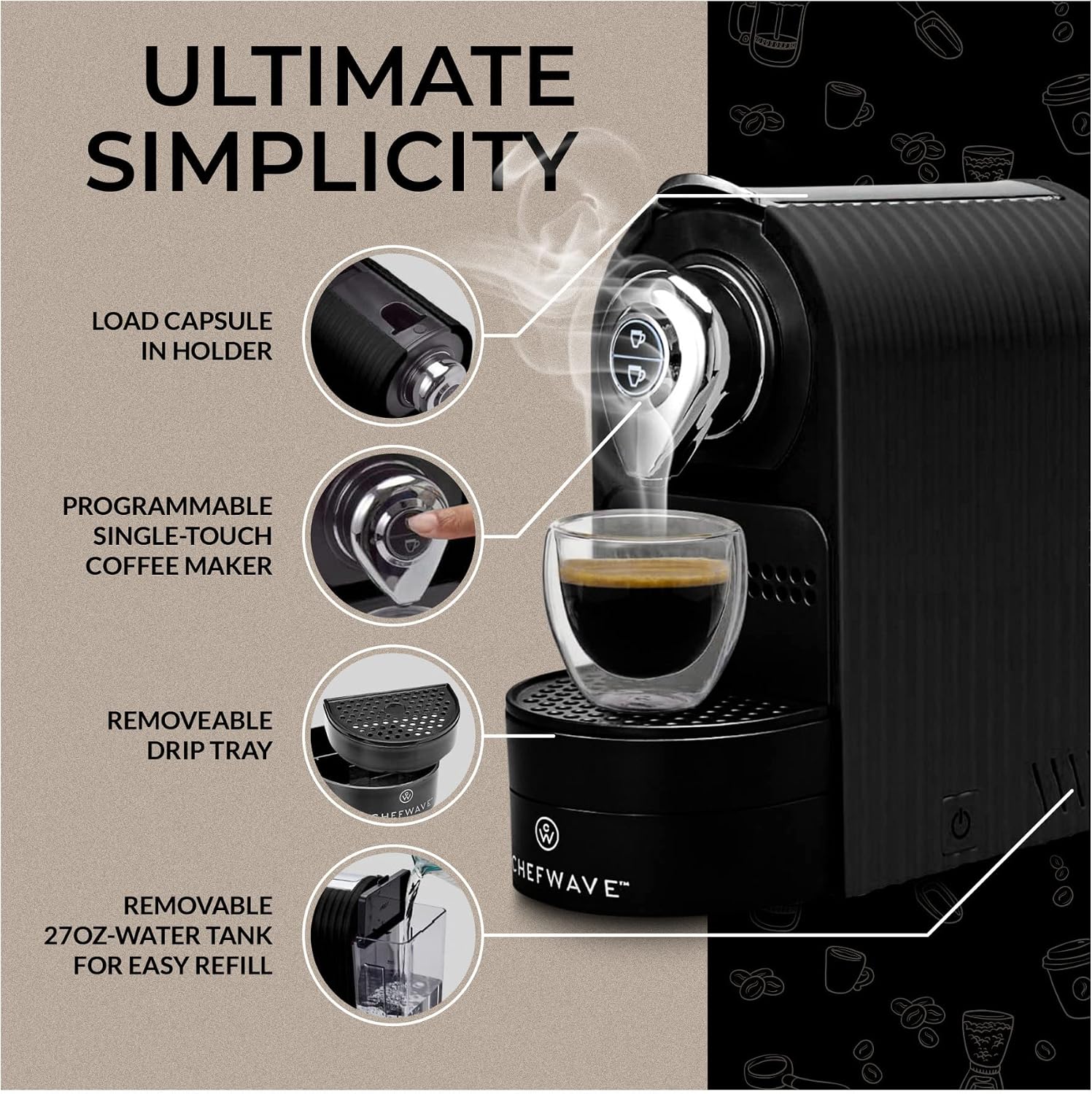 ChefWave Espresso Machine Compatible with Nespresso Capsules (Black) with Capsule Holder, and 2 Glass Cups Bundle with Handheld Milk Frother (2 items)