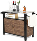 Patio Grill Cart with Wicker Storage, Outdoor Kitchen Island Serving Cart with Stainless Steel Table Top, Outdoor Prep Table and Rolling Wheels, for BBQ, Patio, Brown