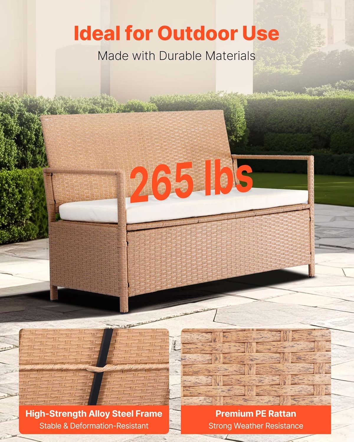 VEVOR Outdoor Storage Bench, 2-Person PE Rattan Storage Bench, 70 Gal Deck Box with Cushion, Supports up to 265 lbs, Outdoor Seating & Porch Decor for Patio Garden Balcony Yard