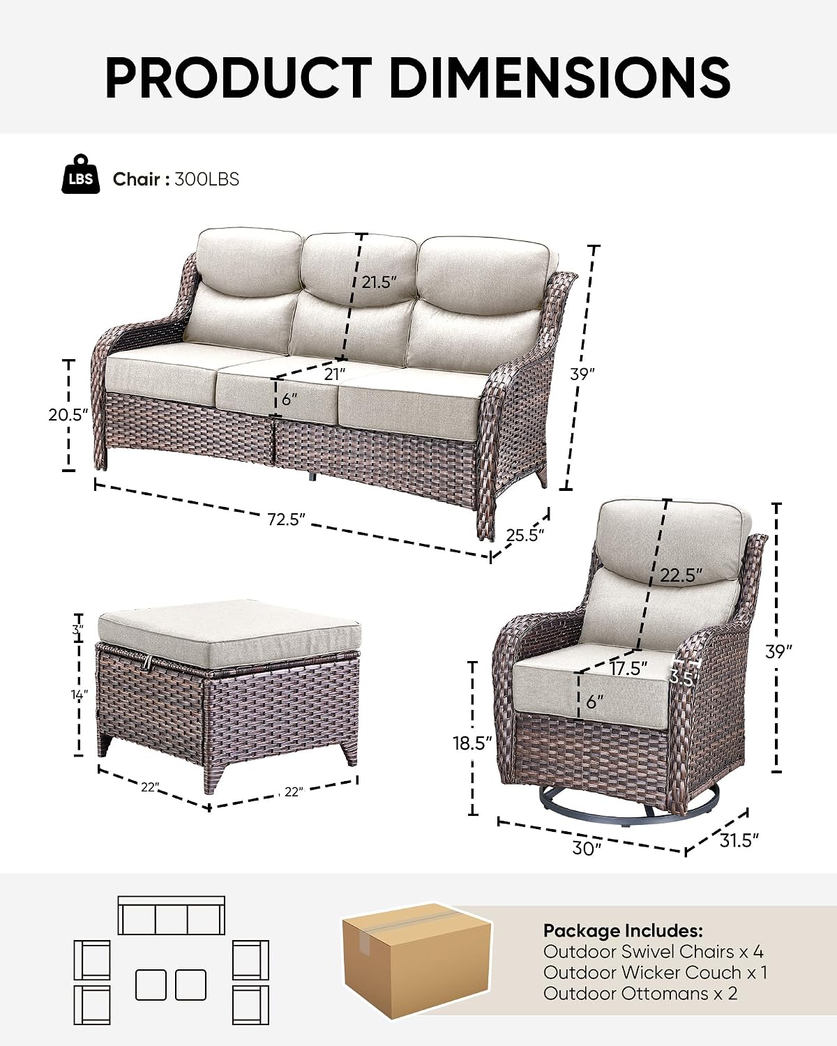 HUMMUH Wicker Patio Furniture Set 6 Inch Thick Cushion Outdoor Swivel Rocker Patio Chairs with Deep Seat Sofa 5PCS Outdoor Furniture Set for Porch Garden Deck