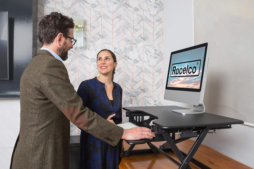 Rocelco 32' Height Adjustable Standing Desk Converter - Sit Stand Computer Workstation Riser - Dual Monitor Retractable Keyboard Tray Gas Spring Assist - Black (R EADRB2)