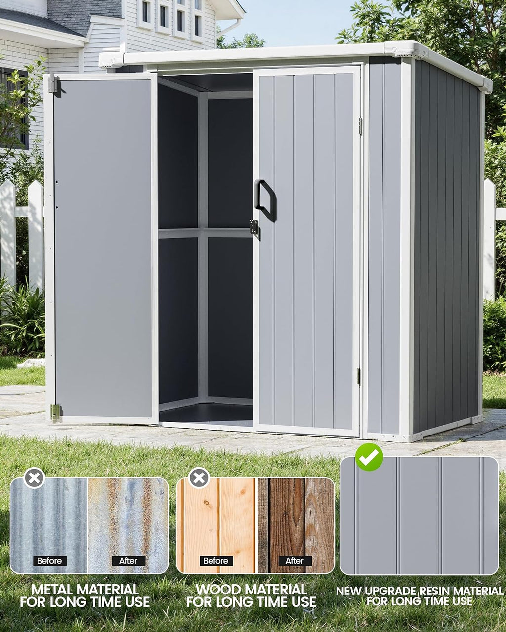 5x3 Resin Garden Sheds & Outdoor Storage on Clearance, Weather-Resistant Plastic Shed with Floor and Lockable Door for Garden Tools, Lawn Mower, Bike, Backyard Organization, Aritic Light Grey