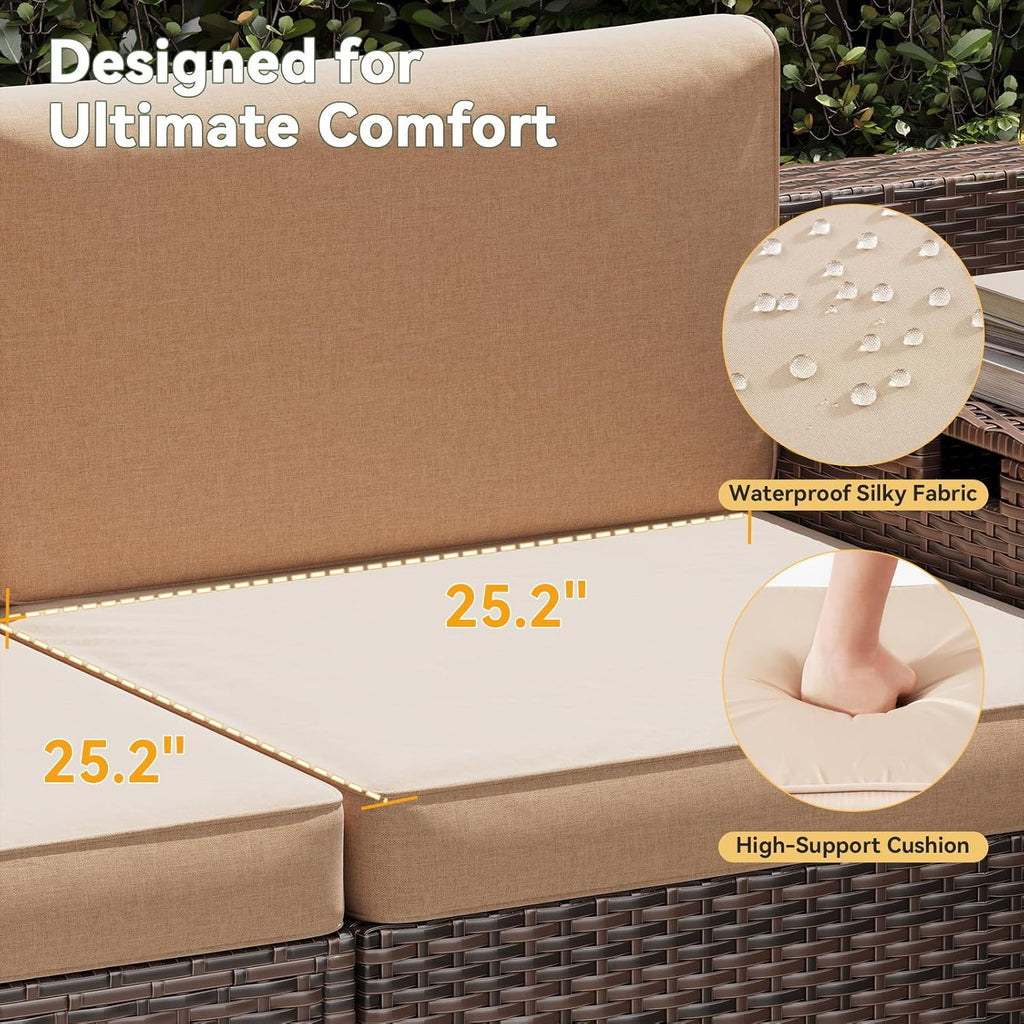 Aoxun 8 Piece Patio Furniture Set, Wicker Outdoor Furniture Set with Storage Box, Patio Sectional Set with Thickened Cushions, Waterproof Cover and 25.6' Coffee Table (Brown& Khaki)