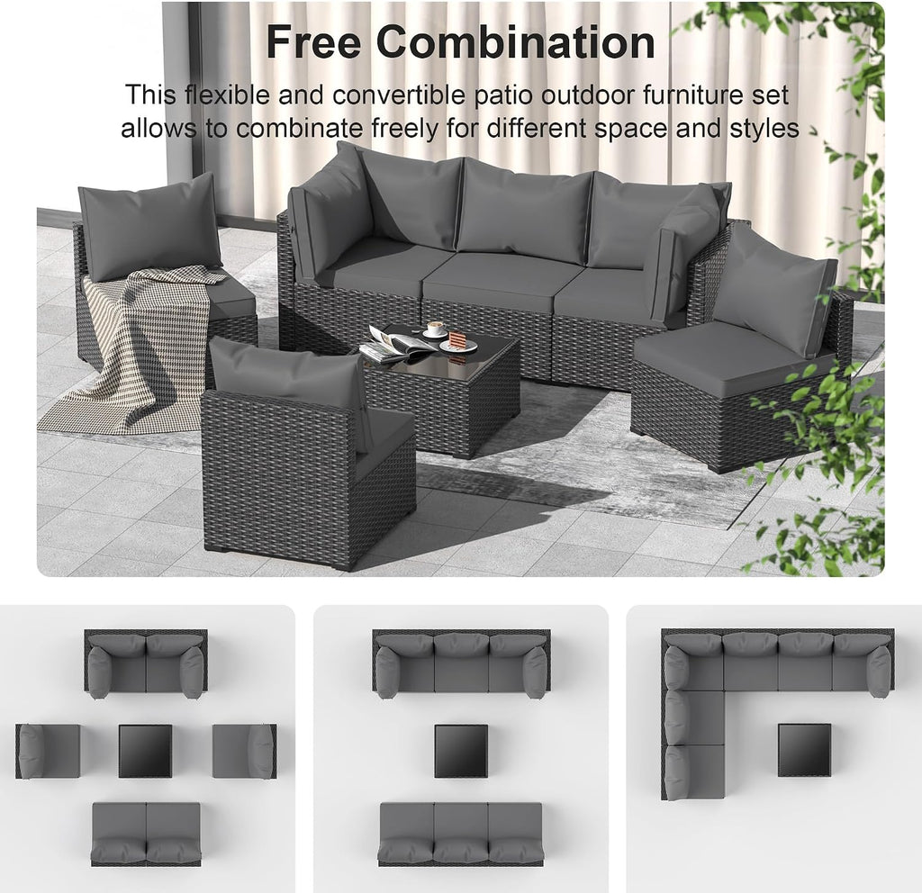 Patio Furniture Set, 7PCS Outdoor Sectional PE Rattan Patio Conversation Set w/Thickened Cushion Modular Wicker Patio Sofa Set w/Coffee Table for Balcony, Backyard(Grey)