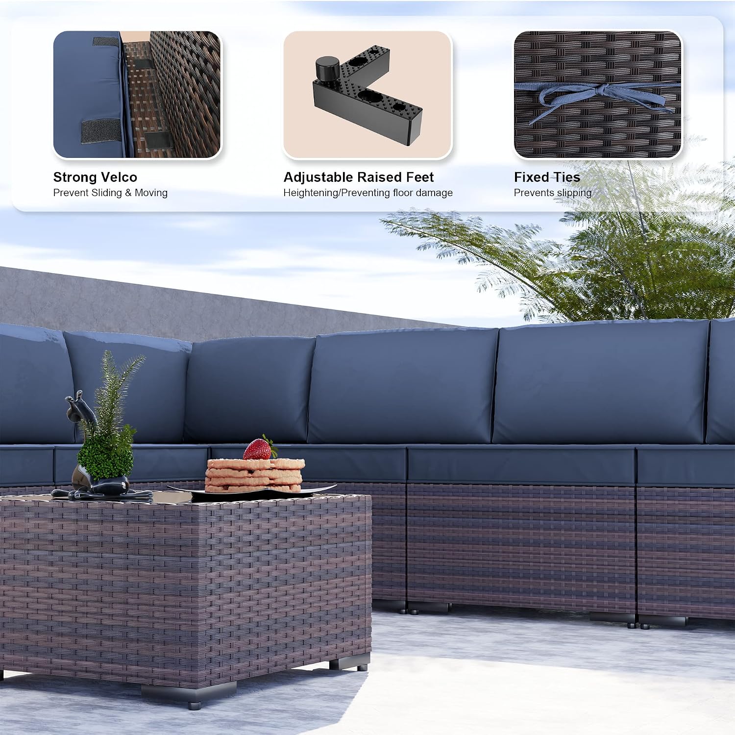 Kullavik 9PCS Outdoor Patio Furniture Set PE Wicker Rattan Sectional Sofa Patio Conversation Sets,Navy Blue