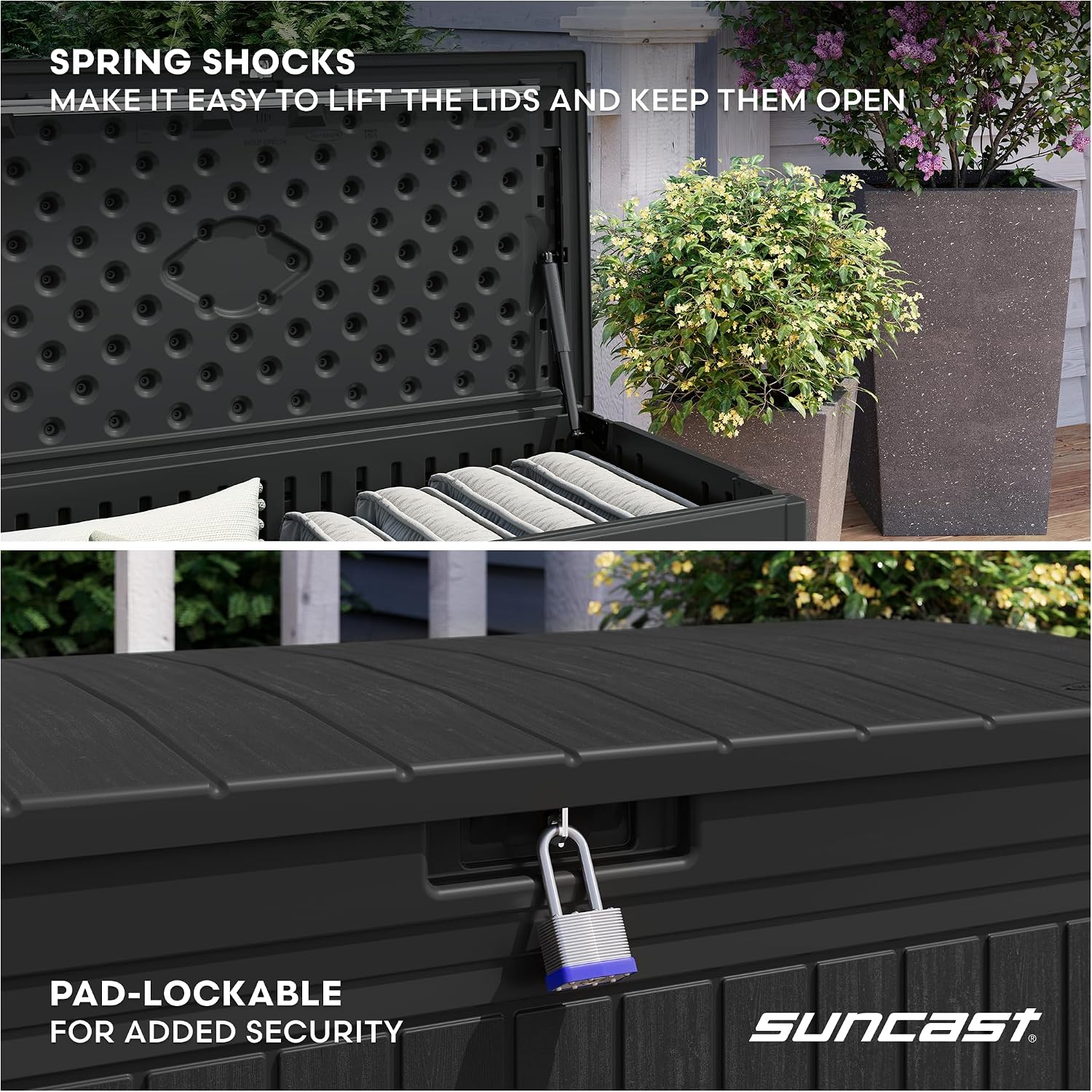 Suncast 80-Gal. Resin Large Outdoor Patio Deck Box with Pad-Lockable Lid, Modern Outdoor Patio Bench/Storage Box for Cushions, Garden Tools, and More, Iron Ore