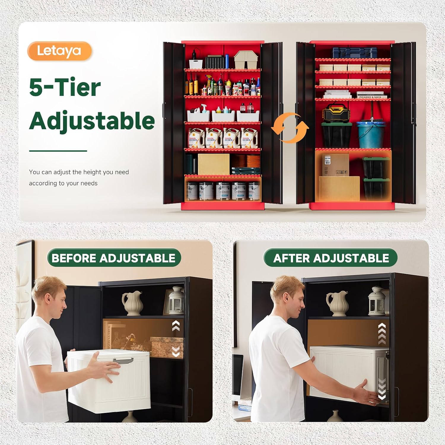 Letaya Metal Garage Storage Cabinets with Lock, 71' Tall Locker Organizer Steel Tool Cabinets,5 Adjustable Shelves 2 Doors for Home Office, Warehouse,Garage,Industrial,Employee (Black Red)