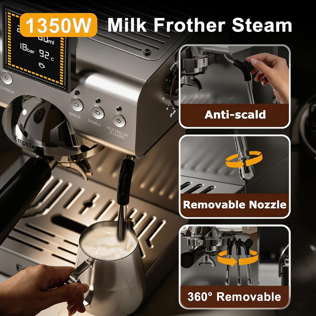20 Bar Espresso Machine with Milk Frother 1350W Coffee Maker with Hot& Cold Dual-Mode Brewing Compact Stainless Steel Latte & Cappuccino Machine with PID Temp Control for Home Office, 50oz Water Tank