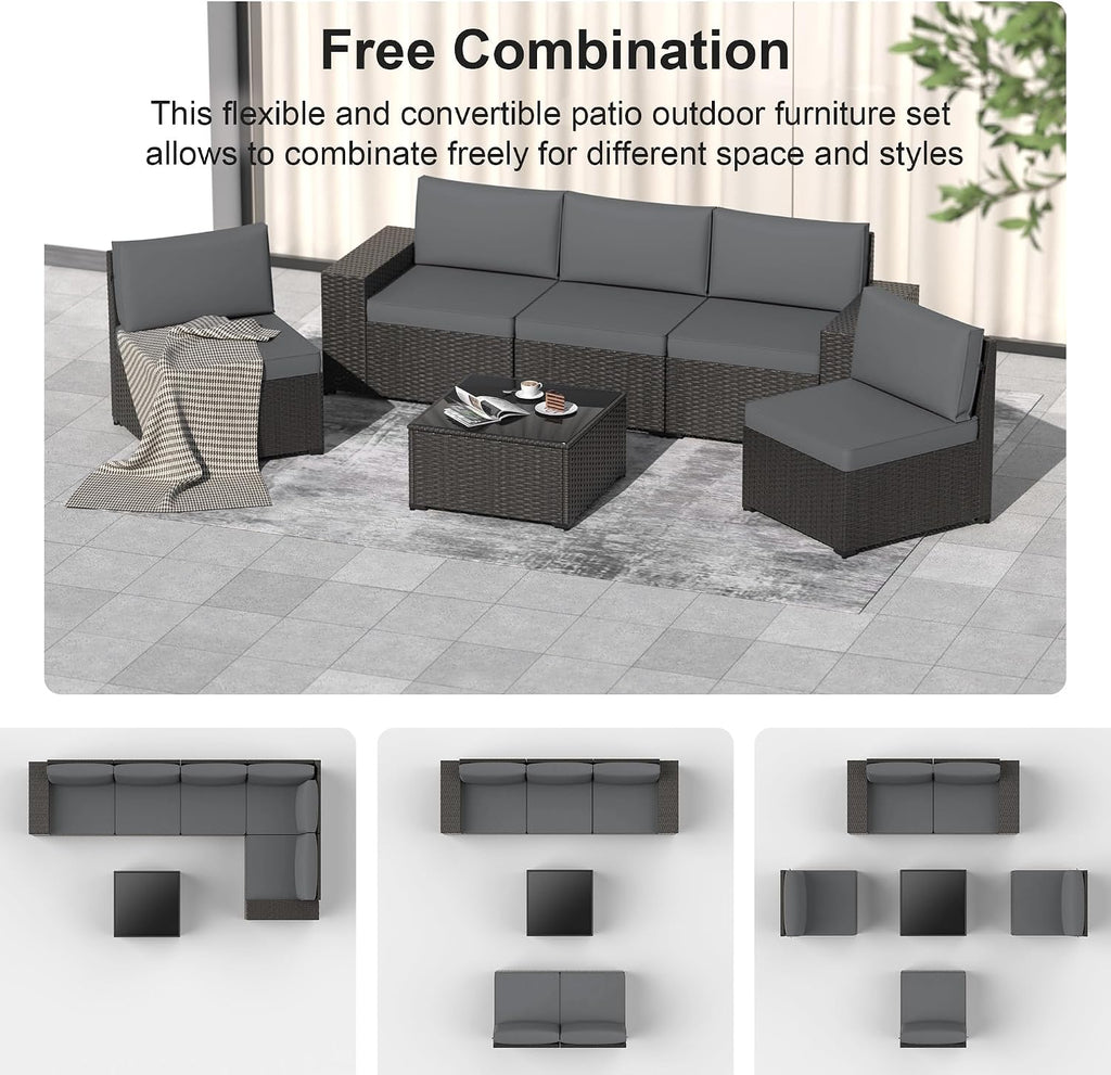 Patio Furniture Set, 6PCS Outdoor Sectional with Ottoman Wicker Rattan Patio Couch with Thickened Cushion Modular Wicker Patio Conversation Set with Glass Top Table for Balcony, Backyard(Grey)