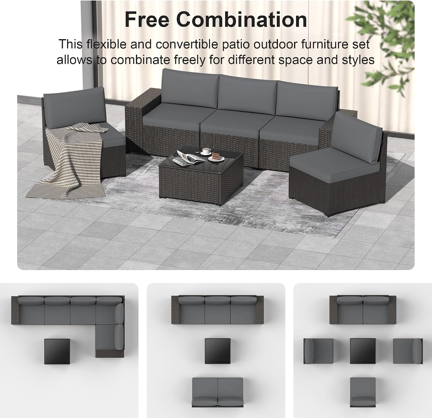 Patio Furniture Set, 6PCS Outdoor Sectional with Ottoman Wicker Rattan Patio Couch with Thickened Cushion Modular Wicker Patio Conversation Set with Glass Top Table for Balcony, Backyard(Grey)