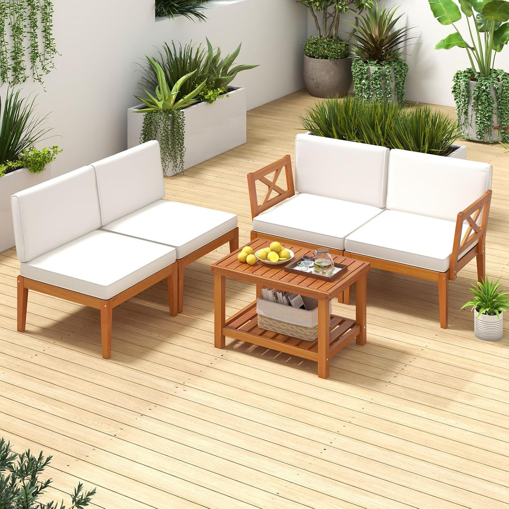 Tangkula 5 Pieces Acacia Wood Patio Furniture Set, Outdoor Sectional Conversation Set with Cushions and 2-Tier Coffee Table, Outdoor Bistro Furniture Set for Garden, Backyard and Poolside