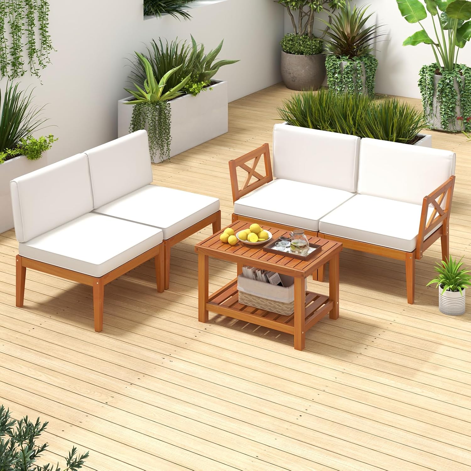 Tangkula 5 Pieces Acacia Wood Patio Furniture Set, Outdoor Sectional Conversation Set with Cushions and 2-Tier Coffee Table, Outdoor Bistro Furniture Set for Garden, Backyard and Poolside