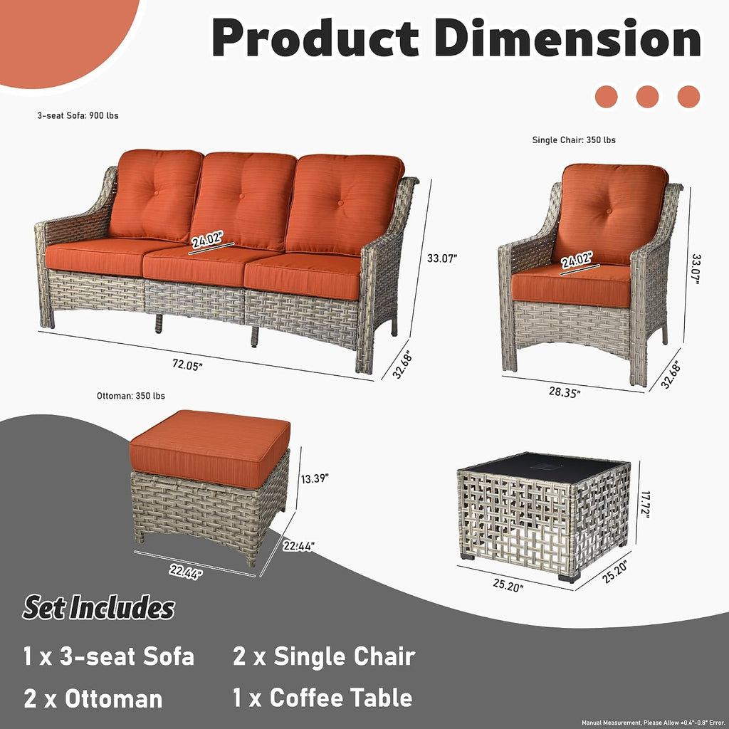ovios 6 Piece Outdoor Patio Furniture with 3 Seat Sofa,Rattan Wicker Coversation Set with High Back,Sectional Single Sofa with Ottoman for Outside Porch Balcony Backyard Pool, Orange