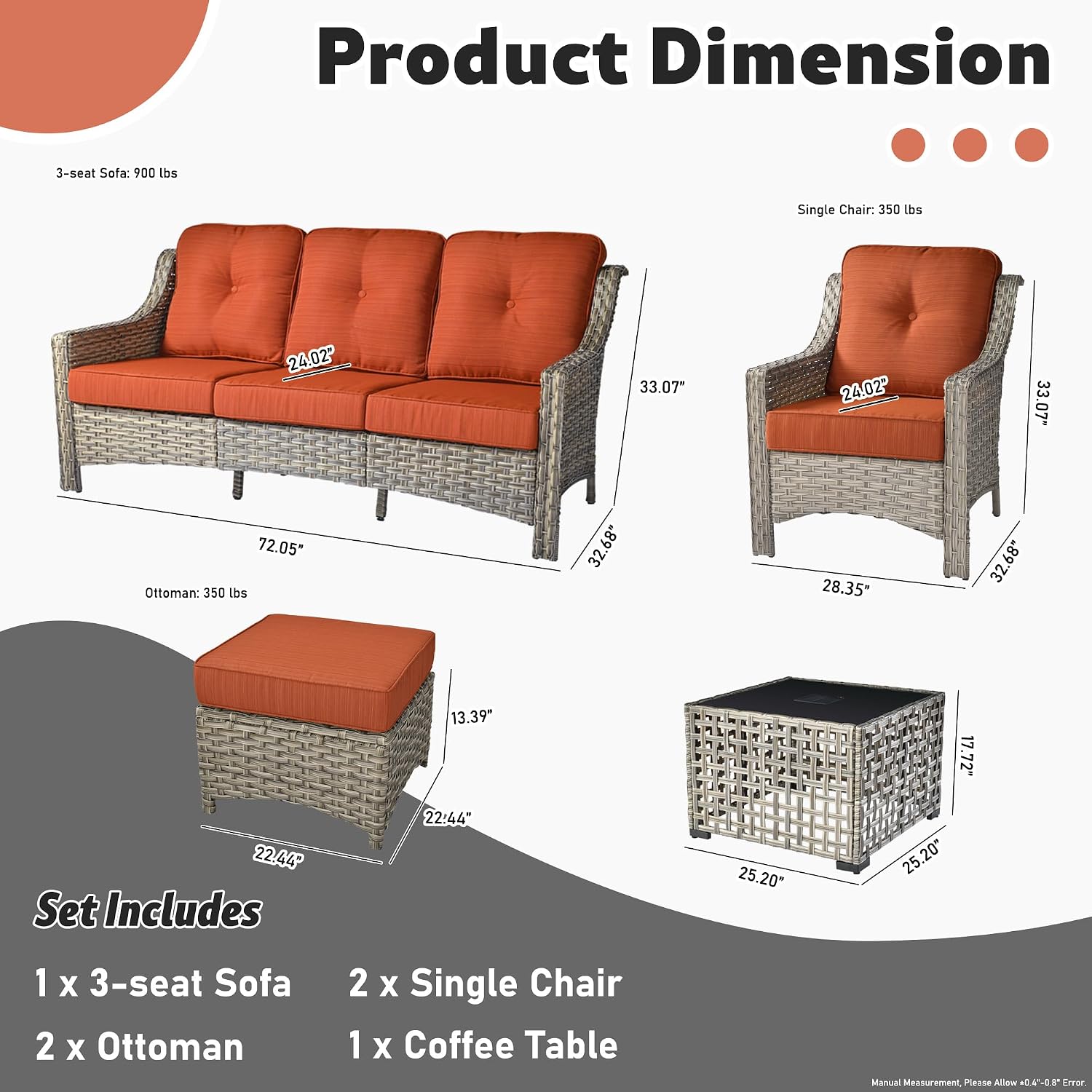 ovios 6 Piece Outdoor Patio Furniture with 3 Seat Sofa,Rattan Wicker Coversation Set with High Back,Sectional Single Sofa with Ottoman for Outside Porch Balcony Backyard Pool, Orange