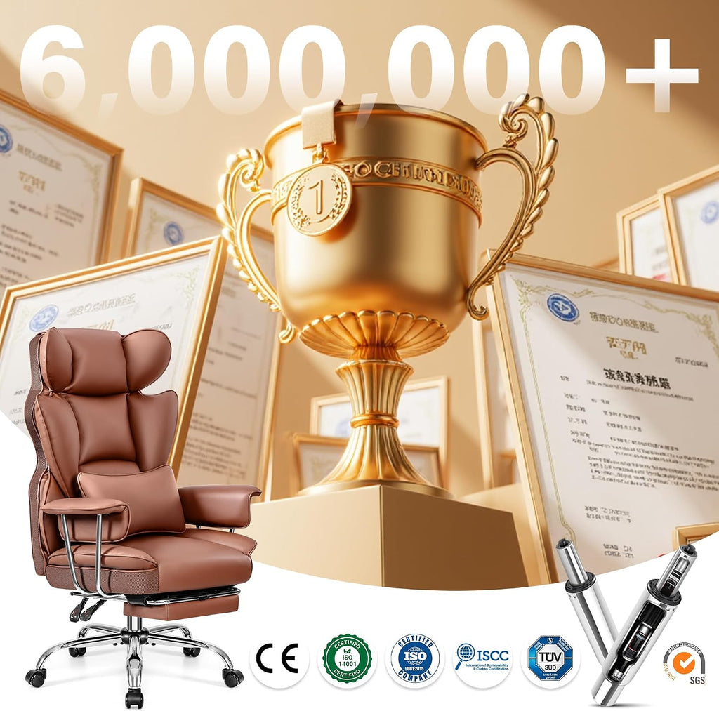 ALLGOD Office Chair Comfy, Big and Tall Executive Leather Chair, High Back Ergonomic Wide Chair with Footrest, Reclining Computer Desk Chair, Heavy Duty Gaming Chair with Padded Arm and Pillow, Brown