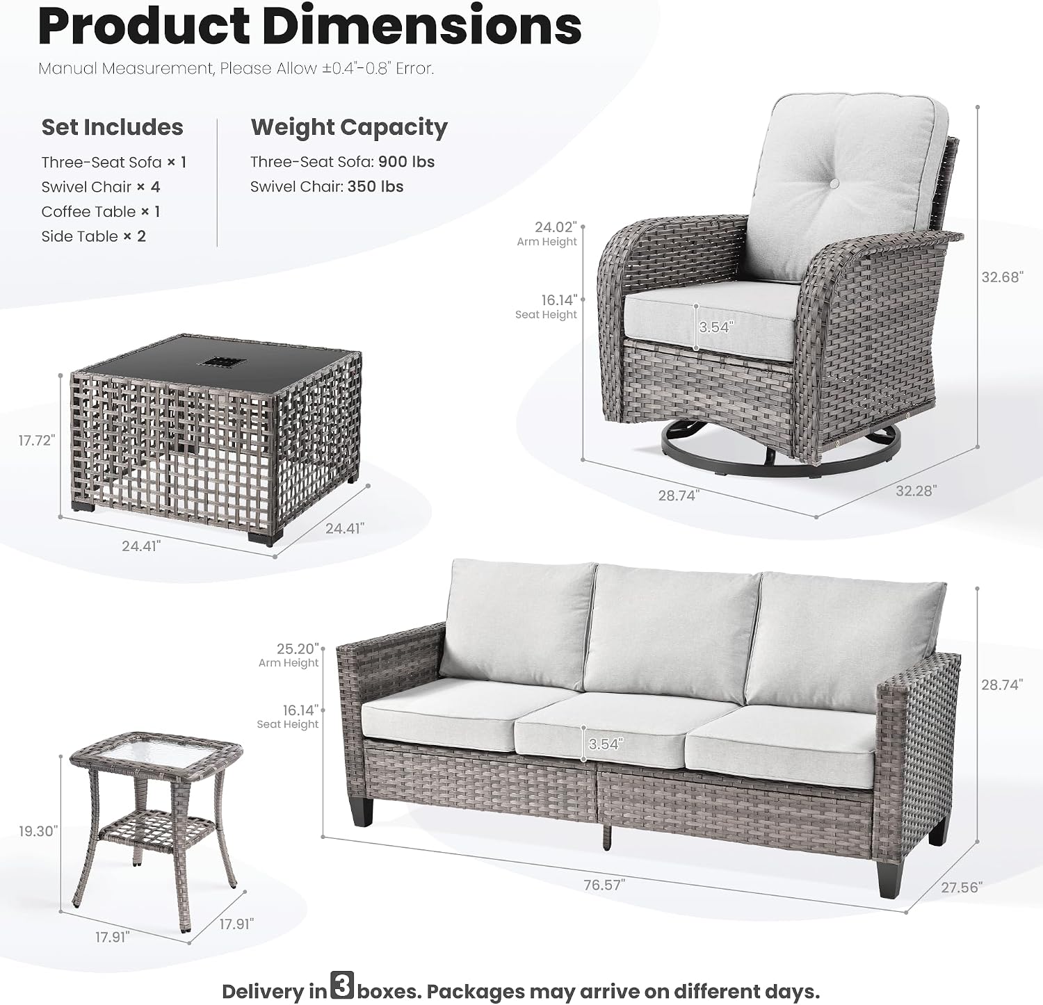 ovios 8 Pieces Patio Furniture Set, Outdoor Wicker Sofa Couch with Rocking Swivel Chairs Solar Lights Table, Modern Deep Seat Rattan Conversation Sets for Deck Porch, Grey