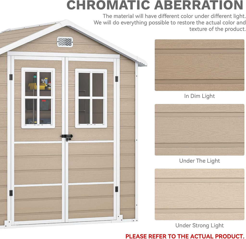 DWVO 6x4.4 FT Outdoor Storage Shed, Plastic Garden Tool Shed with 2 Windows, Double-Wall Outside Shed for Lawn Mower, Garden Tool for Backyard, Patio, Lockable, Beige