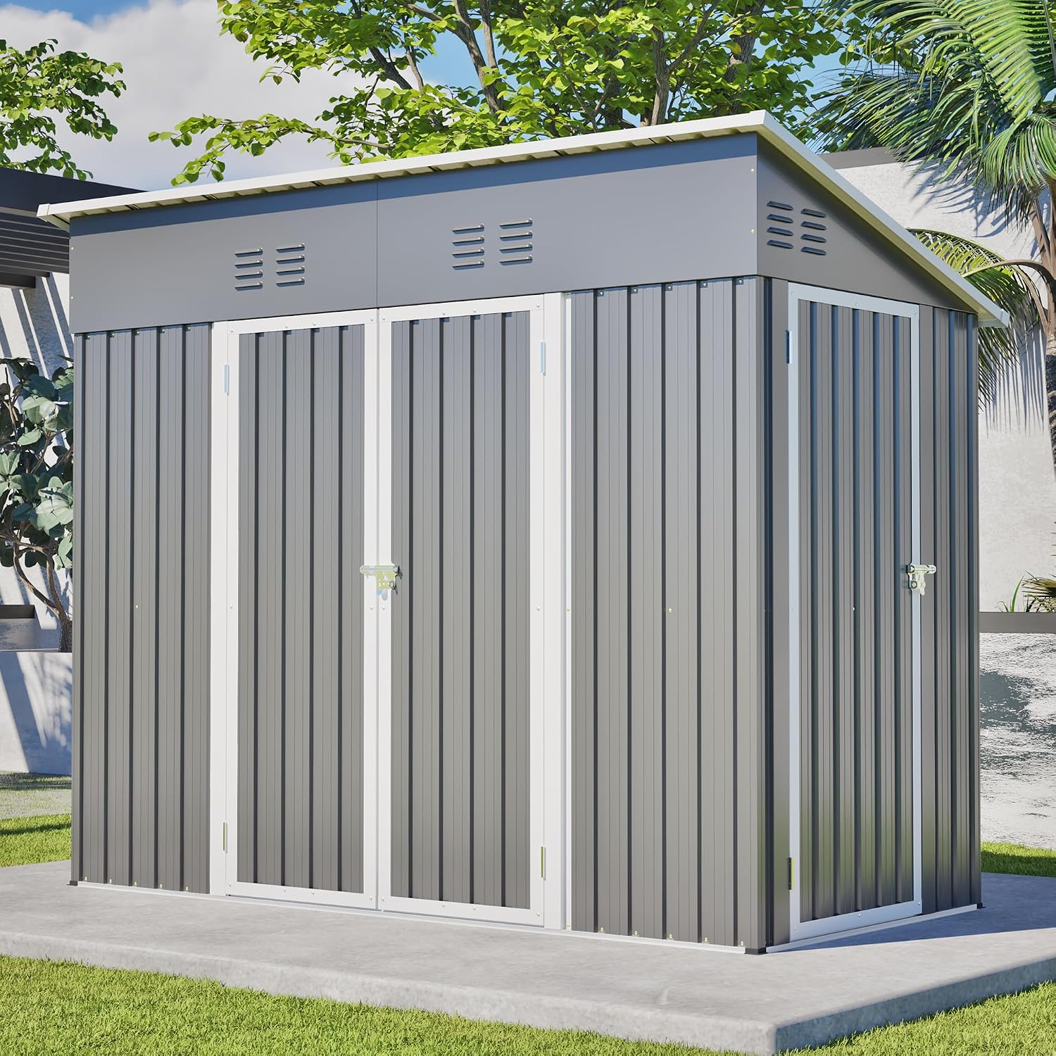 YOPTO 4x8 FT Outdoor Storage Shed with Floor Frame,Metal Shed W/Left/Right Optional Lockable Door,Heavy-Duty Garden Tool Storage House W/ 4 Air Vents & Sloping Roof,for Backyard,Patio,Lawn,Gray