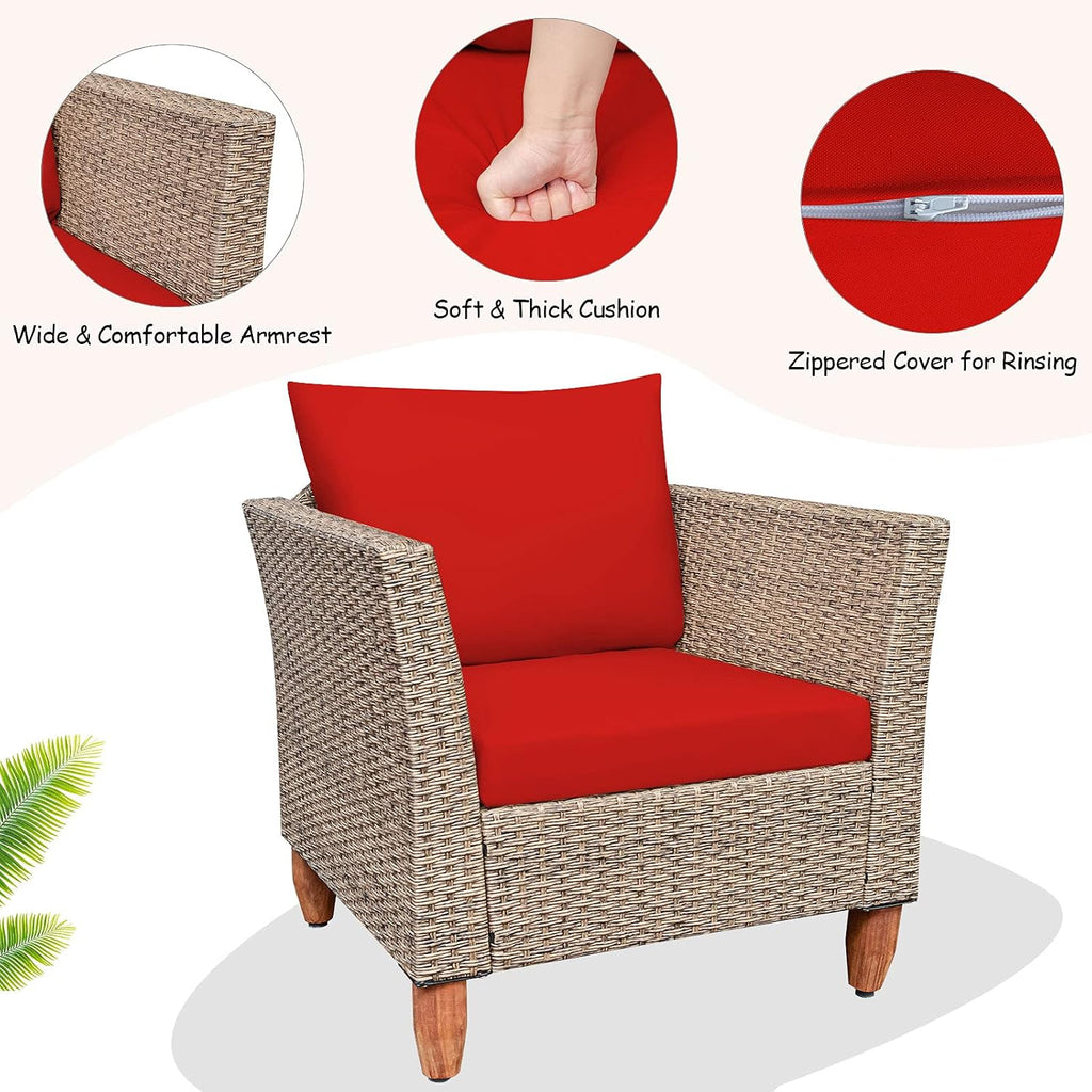 Tangkula 3 Piece Patio Furniture Set, Outdoor Wicker Rattan Bistro Sofa Set w/Washable Cushion, Acacia Wood Top Coffee Table, Conversation Set w/Adjustable Feet for Balcony Backyard Porch (Red)