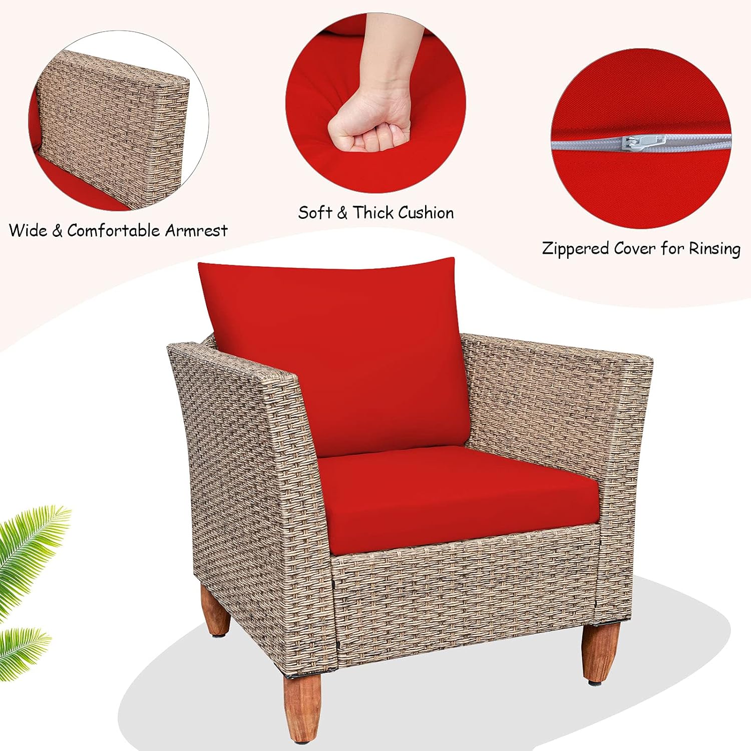 Tangkula 3 Piece Patio Furniture Set, Outdoor Wicker Rattan Bistro Sofa Set w/Washable Cushion, Acacia Wood Top Coffee Table, Conversation Set w/Adjustable Feet for Balcony Backyard Porch (Red)