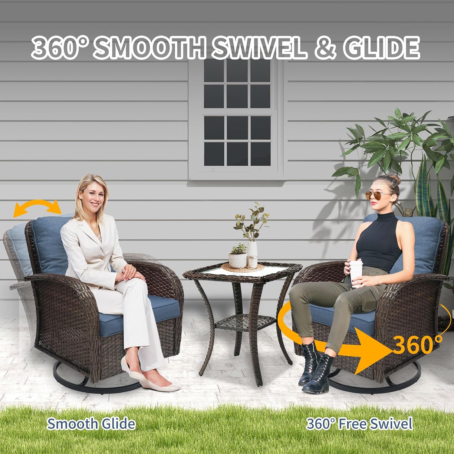 SHGJ&SOFT 3 Piece Patio Furniture Set, 2 Outdoor Swivel Rocking Chairs with Side Table, Wicker Glider Chairs, All-Weather Rattan Bistro Set for Porch, Deck, Pool (Blue, Brown Full-Weave Rattan)