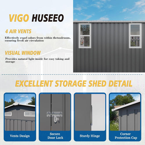 10x12x6.7FT Outdoor Storage Shed, Galvanized Steel Garden Shed with Lockable Door & Window, Waterproof Metal Tool Storage for Garden, Backyard, Patio, Lawn