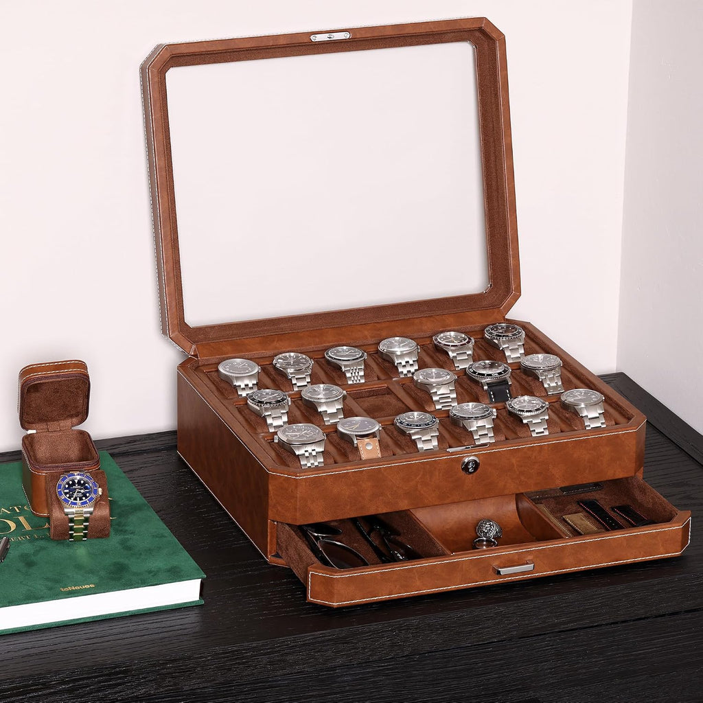 ROTHWELL 18-Slot Watch Case with Drawer – Luxury Watch Box for Men, Real Glass Top, Lockable, Display Case for Collections (Tan/Brown)