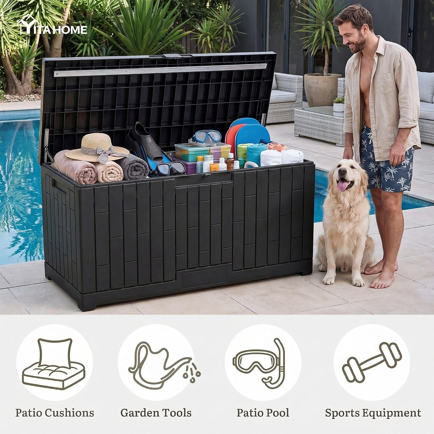 YITAHOME 120 Gallon Outdoor Storage Deck Box, Large Resin Patio Storage Box with Slide-Locking Lid, 53'L 2-Person Bench Seat for Outdoor Pillows, Garden Tools & Pool-Supplies, Waterproof (Black)