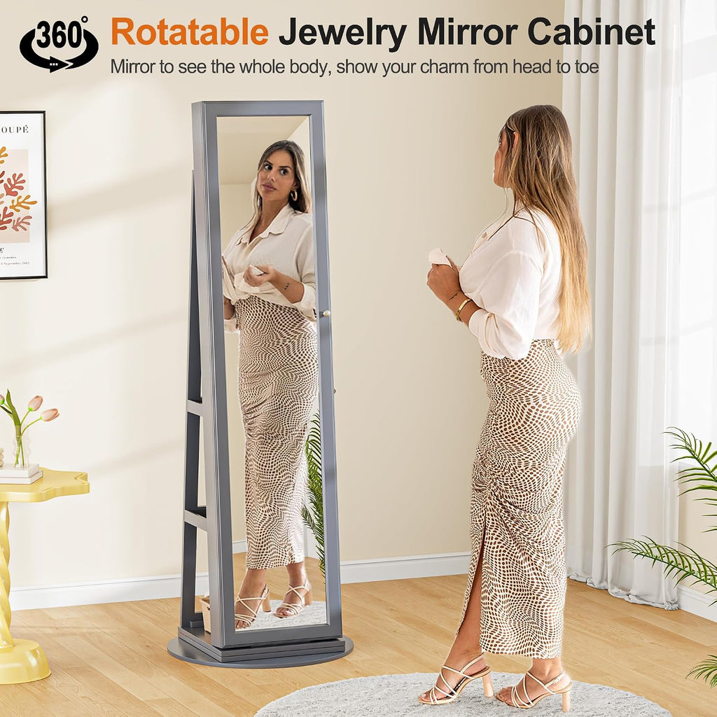 360° Rotating LED Jewelry Armoire with Lockable,3 Color Dimmable Full Length Mirror with Makeup Tray,Jewelry Organizer Cabinet with Back Storage Shelves