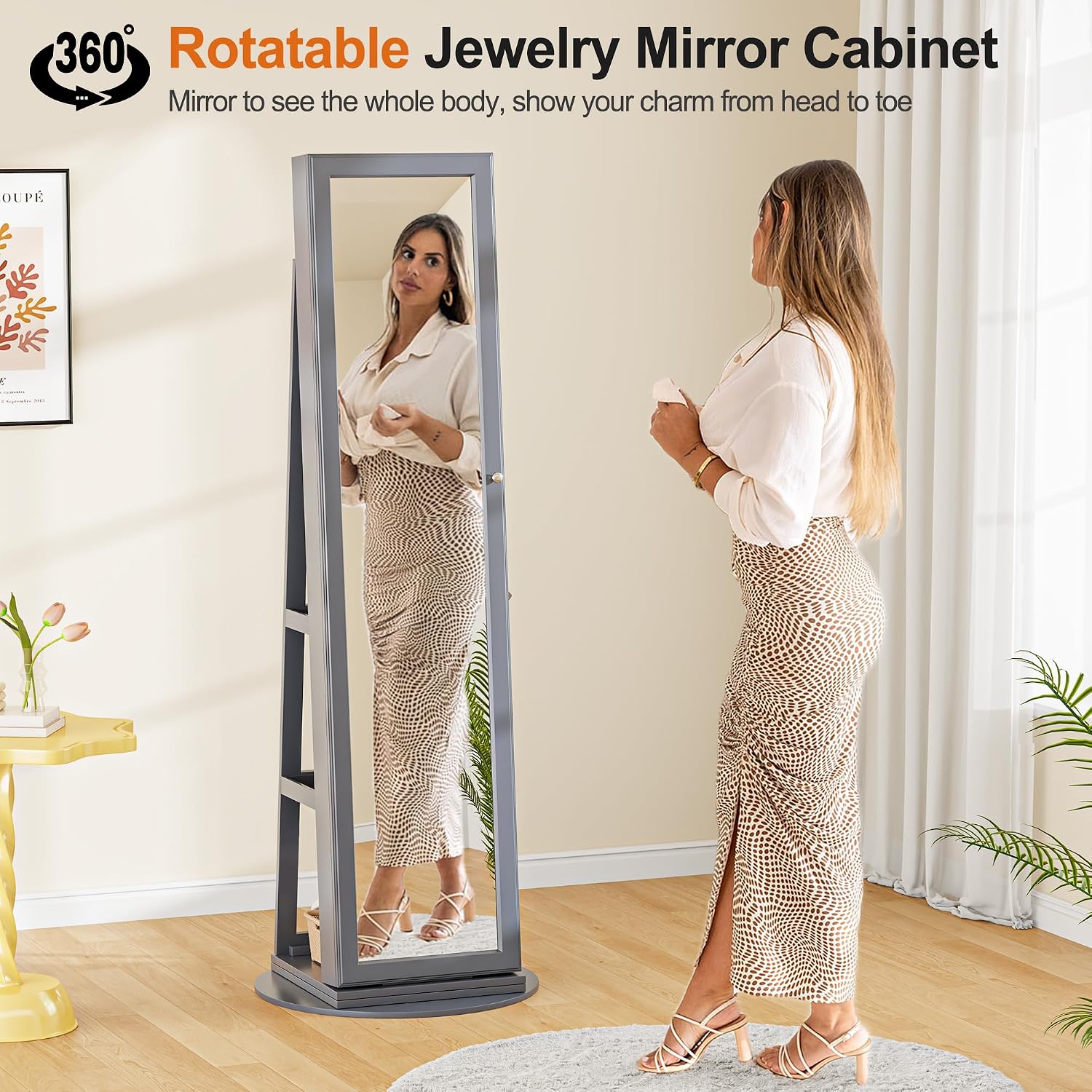 360° Rotating LED Jewelry Armoire with Lockable,3 Color Dimmable Full Length Mirror with Makeup Tray,Jewelry Organizer Cabinet with Back Storage Shelves