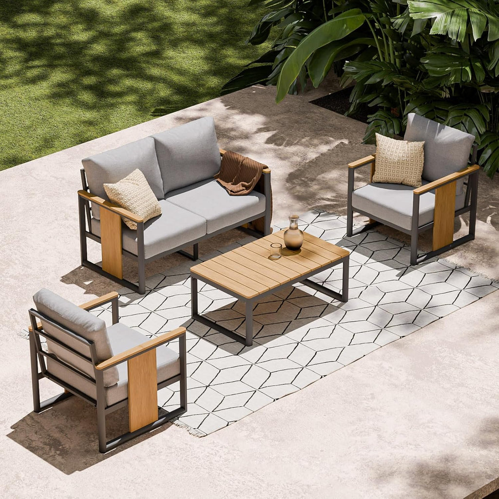ZANDOR Aluminum Outdoor Patio Furniture Set,4-Piece Sectional Sofa with Coffee Table,Washable Thick Cushions,Modern Patio Conversation Set for Backyard,Garden,Porch,Balcony,Deck,Gray