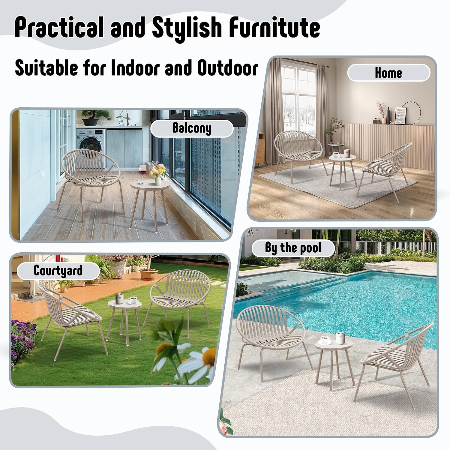 Werph Patio Furniture Set, 3 Pieces Outdoor Furniture with Bistro Gray Table and Gray Chairs Set of 2, Outdoor Patio Set with Porch Chairs and Table, Deck Conversation Set for Garden Poolside