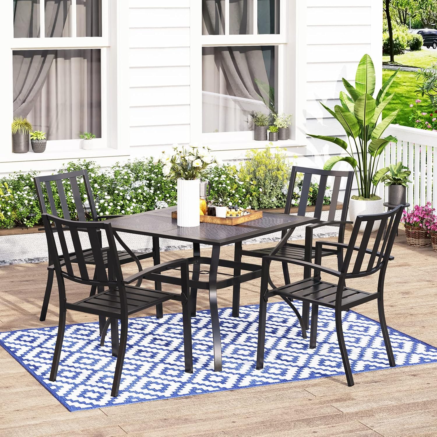 MFSTUDIO Patio Dining Set for 4, Outdoor Table and Chairs Set with Umbrella Hole, Metal Patio Furniture Set for Deck, Backyard, Poolside & Garden