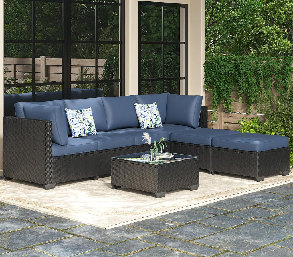 AECOJOY 7 Piece Outdoor Patio Furniture Set, Outdoor Sectional Conversation Furniture Chair with Coffee Table, Patio Sectional for Backyard, Garden(Navy Cushions and Black Rattan)