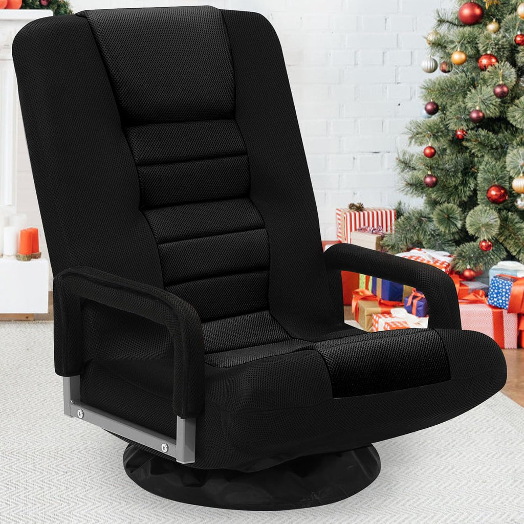 Swivel Floor Gaming Chair w/Armrests, Folding Video Reclining Sofa w/6 Adjustable Position, Padded Backrest & Cushion, Lazy Lounger Couch for E-Sports, Reading, Relaxing, Watching TV, Black