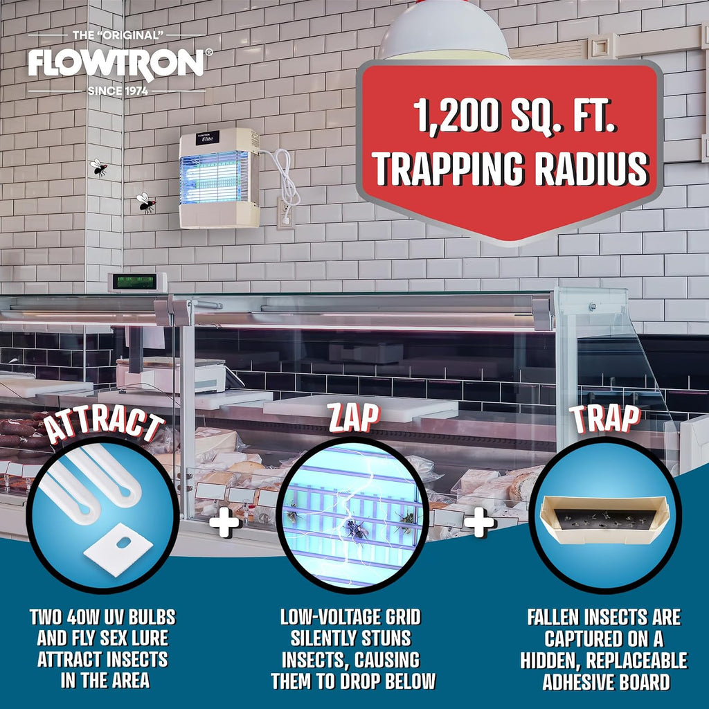 Flowtron Indoor Fly Killer | Electric Low-Voltage Bug Zapper for Gnats & Insects with 80W UV Light & Pheromone Lure, Stun Grid & Sticky Trap | 1200 Sq Ft for Kitchen, Restaurant & Barn, UL Certified
