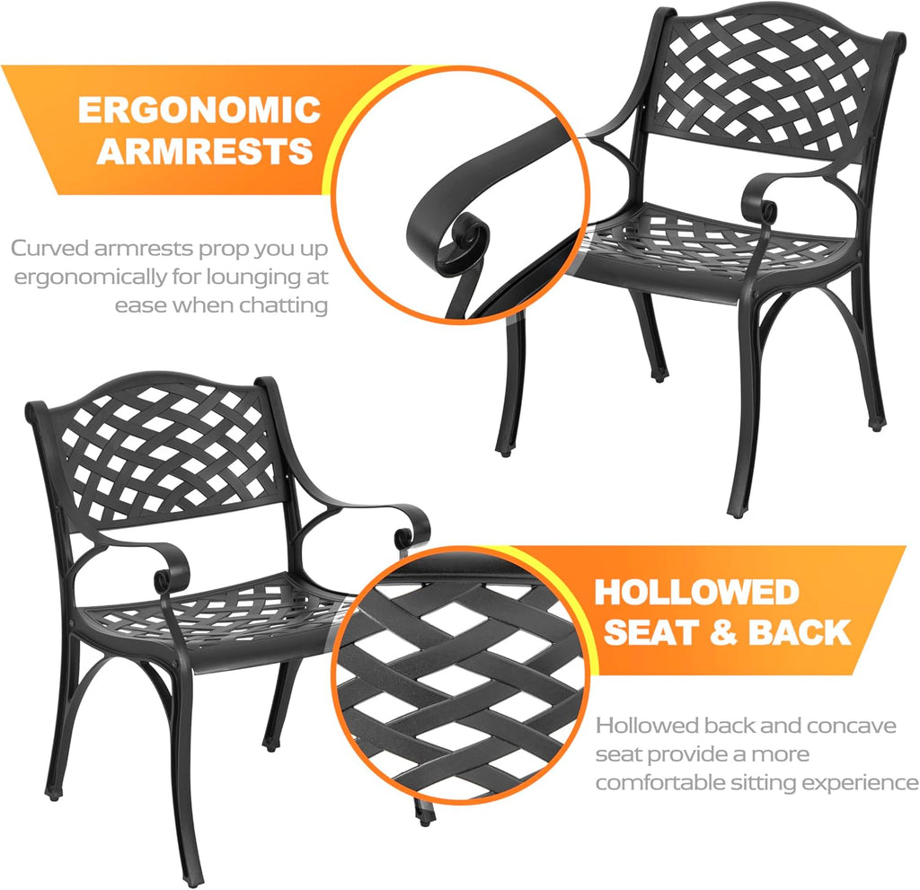 NUU GARDEN 3 Piece Outdoor Cast Aluminum Bistro Table Set Rustproof Table and Chairs with Umbrella Hole for Backyard, Balcony, Front Porch, Black