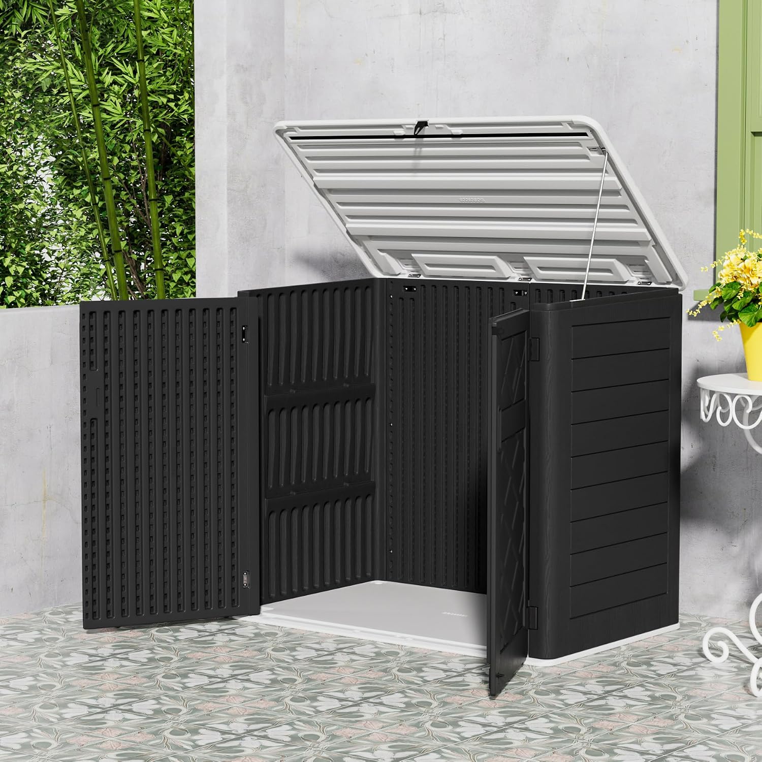 Mrosaa Resin Outdoor Storage Shed, 38 cu.ft Outdoor Storage Box Waterproof for Garden Tools, Patio Furniture, Trash Cans, Garage Storage, Lockable (Black)