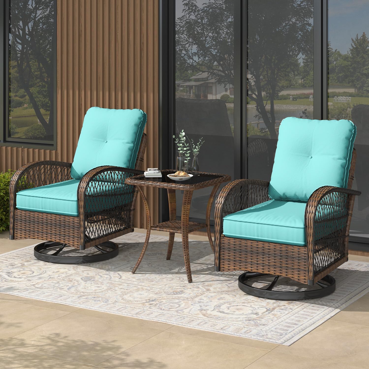 MELLCOM 3 Pieces Patio Furniture Set, Outdoor Swivel Rocker Patio Chairs, Wicker Patio Bistro Set with Rocking Chair, Thickened Cushions and Glass Coffee Table for Backyard, Garden, Peacock Blue