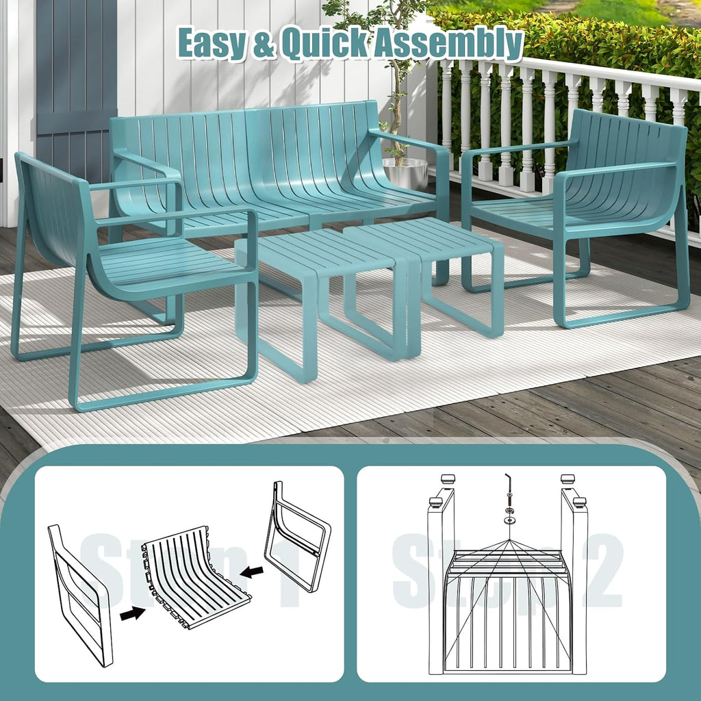 Tangkula 5-Piece Patio Furniture Set, Outdoor Conversation Set w/1 Loveseat, 2 Patio Chairs & 2 Side Tables, All-Weather Patio Bistro Set for Lawn, Backyard, Poolside, Balcony, Garden, Deck (Blue)