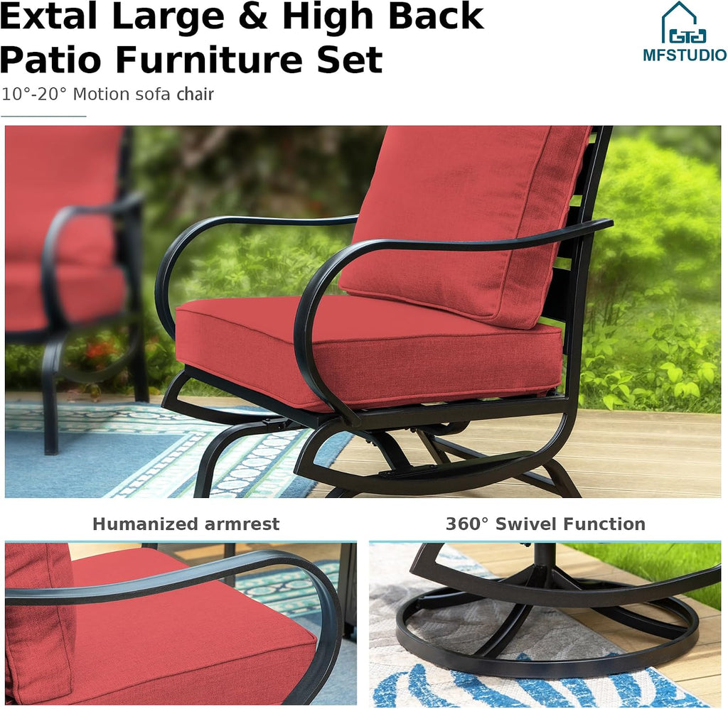 MFSTUDIO 4 Pieces Patio Conversation Sets(5 Seat), Outdoor Metal Furniture Sofa Set with 1 Loveseat(3 Seat), 2 Swivel Chairs, 1 Coffee Table, Steel Frame Patio Set with Burgundy Red Cushion for Patio