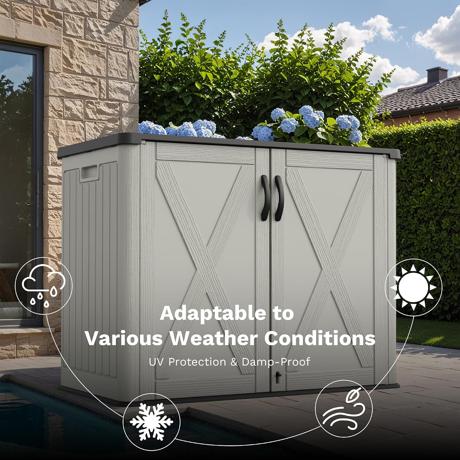 Greesum Outdoor Storage Cabinet, 25 CUFT Deck Box Without Shelves, Waterproof Plastic Storage Shed for Patio Cushions, Gardening Tools, Lockable and Sidehandles, UV Resistant, Beige