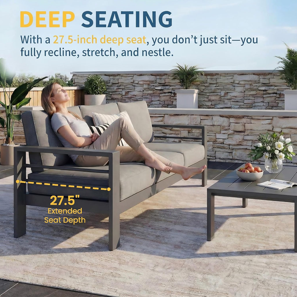 Solaste Aluminum Patio Furniture Set for All Weather, Oversized Metal Outdoor Furniture Set with 27.5' Deep Seating and 3.2' Wide Armrest, Outdoor Patio Conversation Sets with 10' Back Cushion, Gray