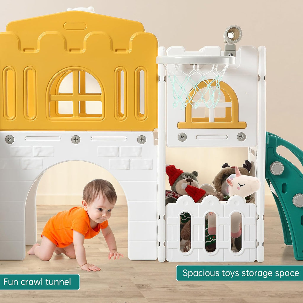 Garvee Toddler Slide 8 in 1 Toddler Playset for Toddlers Age 1-3, Baby Playset for Indoor Outdoor Playground with Climber, Crawling Tunnel, Basketball Hoop, Telescope, Toy Storage