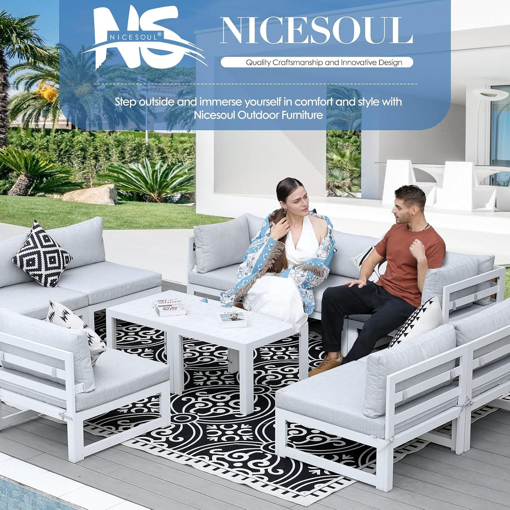 NICESOUL 7 Piece Oversized Modular Aluminum Outdoor Furniture Set, 29' Deep Wide Sectional Seating, 500 lbs High Weight Capacity Water Resistant Patio Conversation Set for Garden Terrace, Light Gray