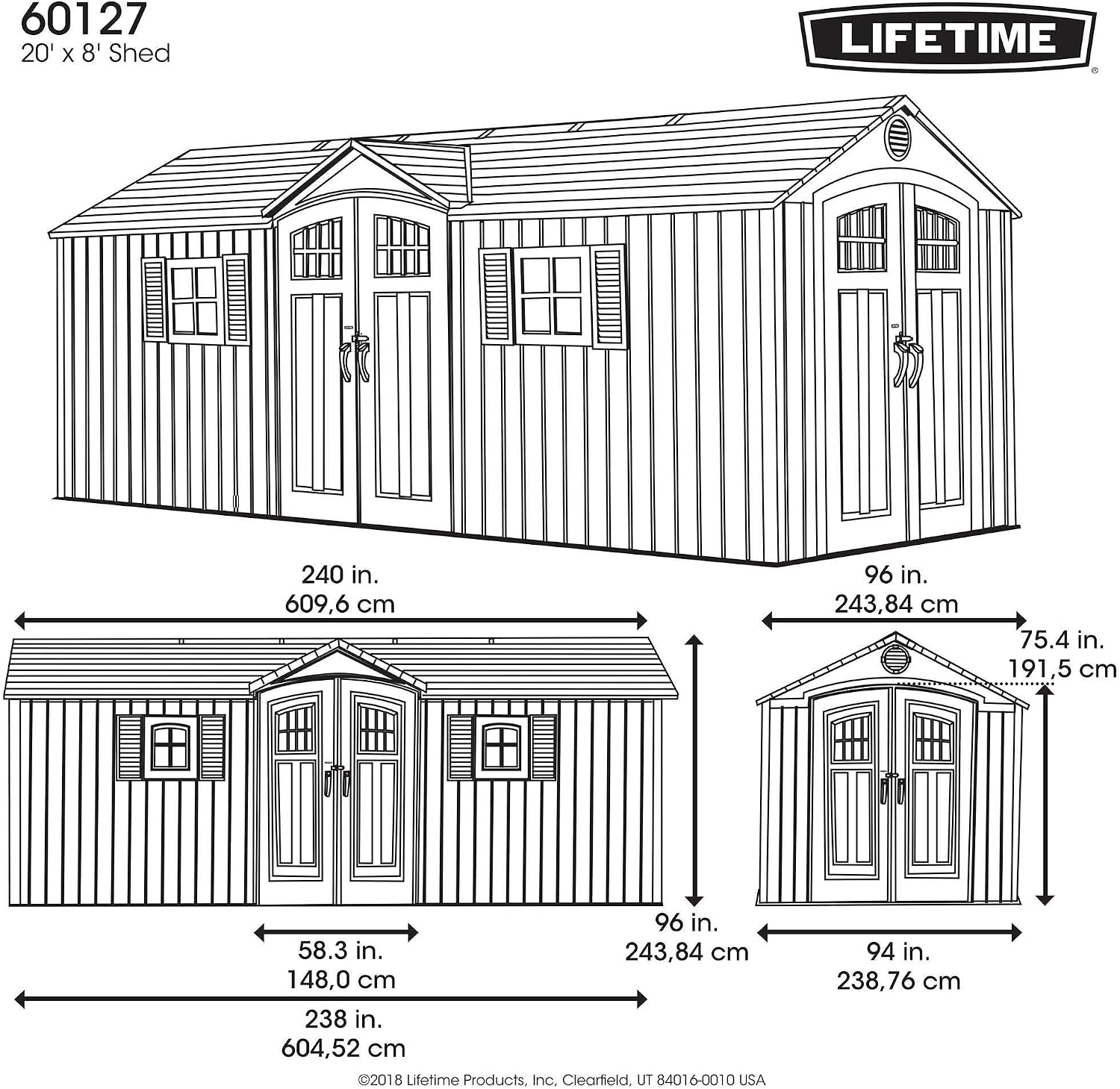 Lifetime 20 x 8 Ft. Outdoor Storage Shed with Steel Reinforced HDPE Walls, Lockable Doors, Windows, Skylights, Adjustable Shelving, Slip‑Resistant Floor, UV‑Protected Backyard Shed
