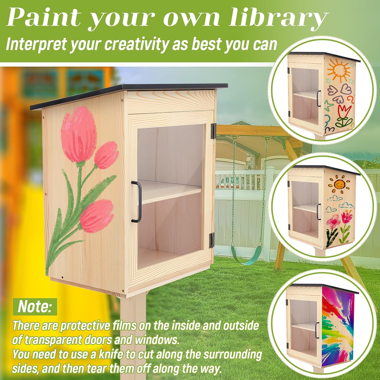 Wonderjune Wooden Little Library Box Outdoor, Weatherproof Double Solid Wood Book Exchange Box with Floor Plugs and Small Flower Fence for Neighborhoods, Community, Literature, School(Natural Wood)