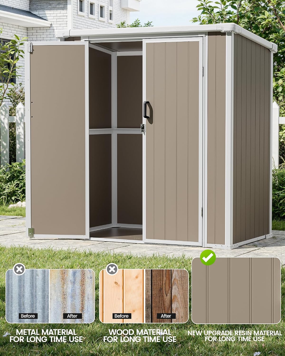 5x3 Resin Garden Sheds & Outdoor Storage on Clearance, Weather-Resistant Plastic Shed with Floor and Lockable Door for Garden Tools, Lawn Mower, Bike, Backyard Organization, Warm Gray