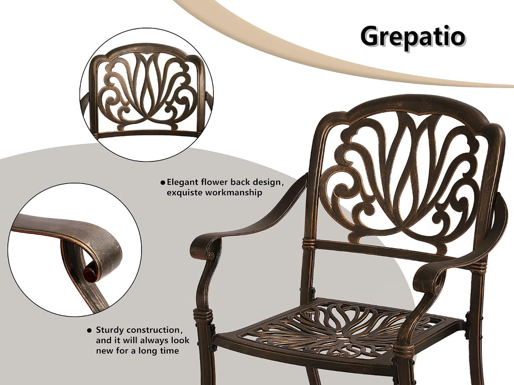 Grepatio 7 Piece Patio Dining Set Outdoor Dining Set Cast Aluminum Furniture Set with 6 Dining Chairs and Dining Table for Backyard Garden Deck Poolside (6 Flower Chairs Without Cushion)