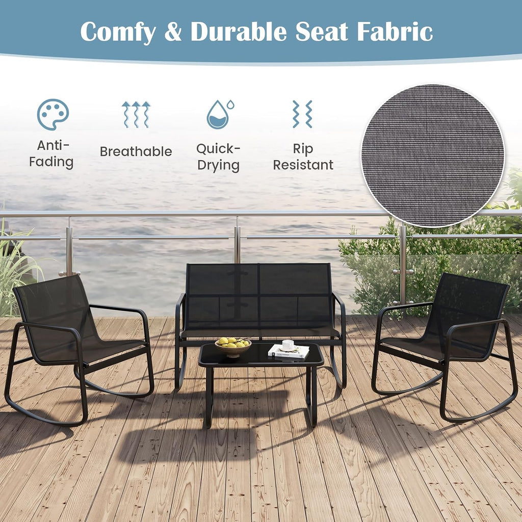 Tangkula 8 Piece Rocking Patio Furniture Set, 4 Rocking Chairs & 2 Loveseat with Glass-Top Table, Patio Rocking Set with Smooth Rocking Motion, Outdoor Rocker Conversation Set for Porch, Yard